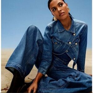 cult gaia Indigo Cropped Asymmetric Denim Jacket